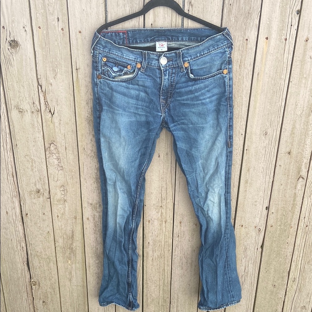 Y2K True Religion Ricky Giant Big T Light Blue Bootcut Jeans